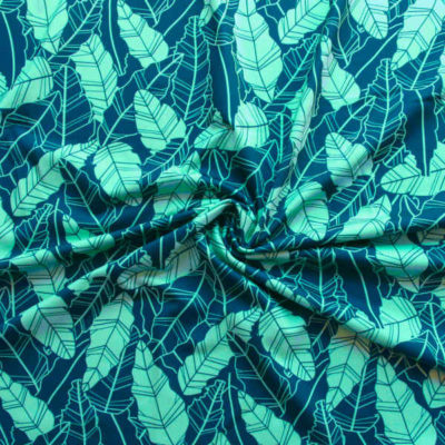 tela lycra estampada hojas azul para ropa de baño o leggings