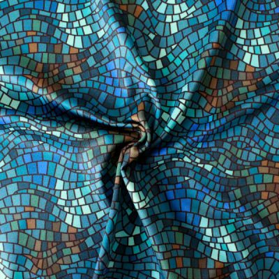 Tela de lycra para ropa deportiva o leggings con estampado de mosaico en colores azul degradado